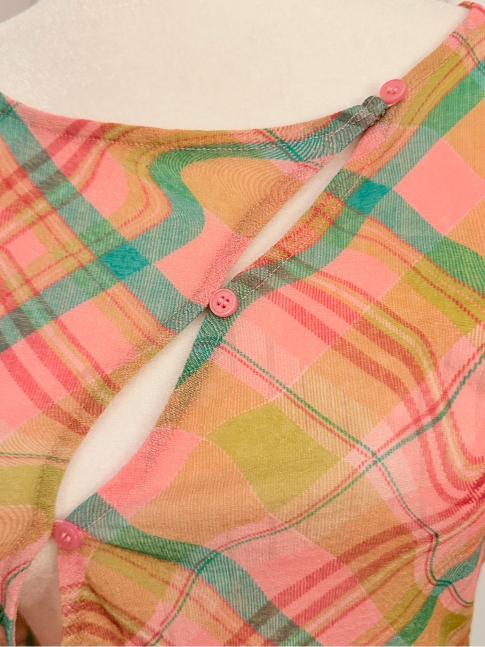 Topshop Pink and Teal Plaid Sheer Lightweight Blouse - Picture 2 of 5